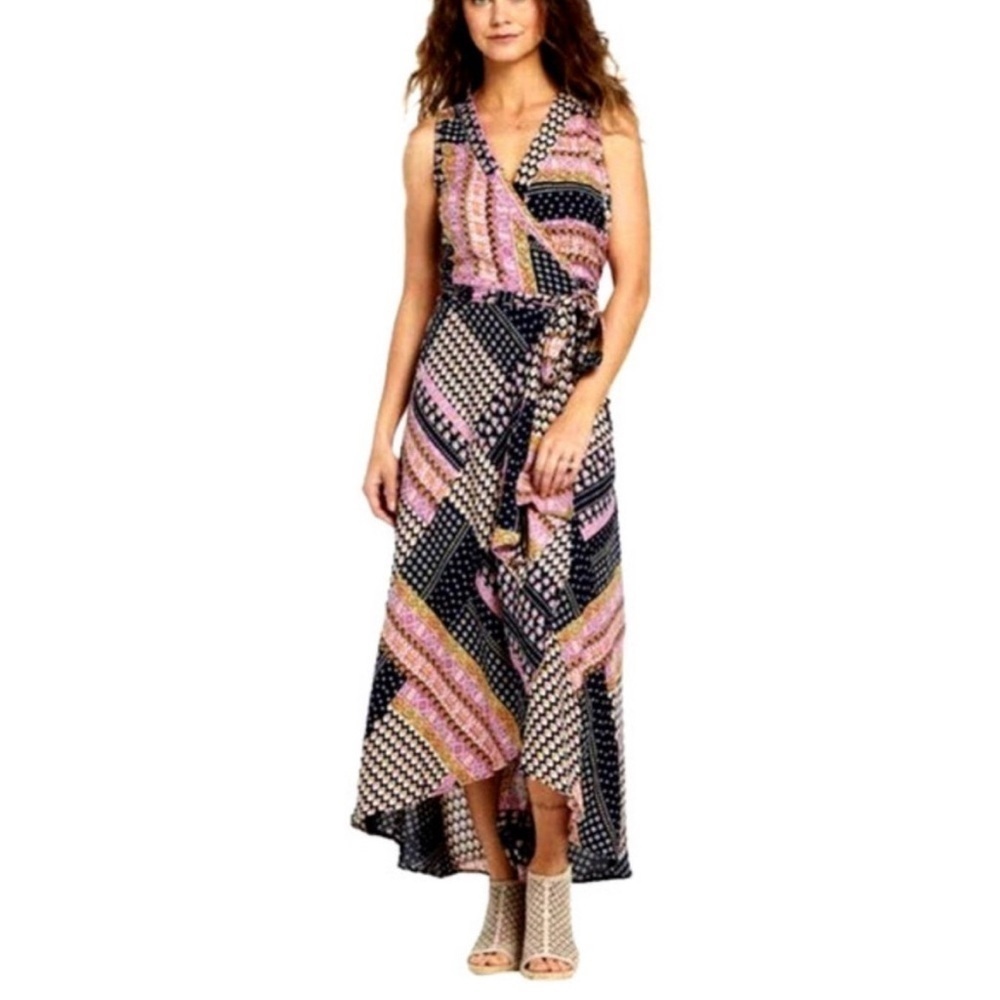 RAGA Hadley Pink and Black Boho Wrap Midi Dress Size Large